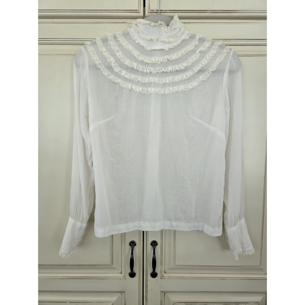 Vtg‎ Pat Mckay Victorian Sheer Lace Top Women's S Romantic Peasant Long Sleeve